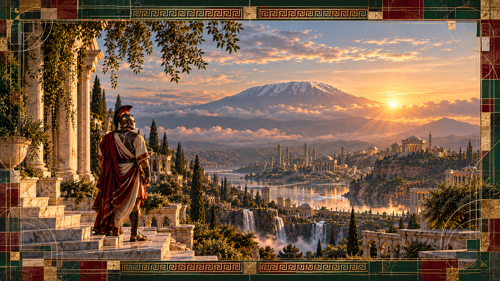 A standing figure on marble colonnade steps gazes across waterfalls and a classical-futurist city toward Mount Kilimanjaro at sunrise.